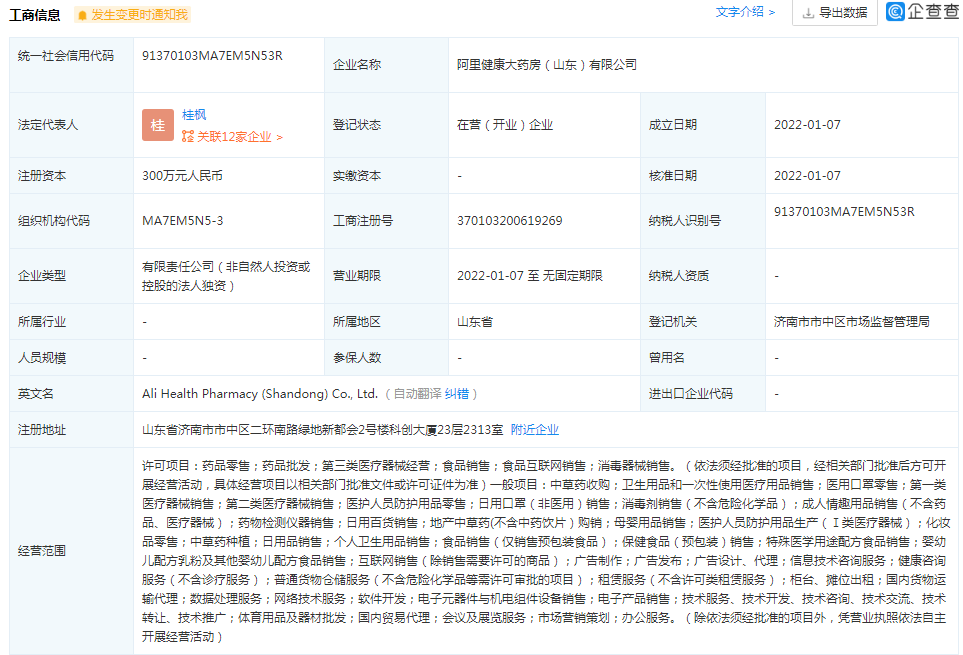 阿里健康大藥房300萬濟南設新公司，跨界布局廚具衛具引關注